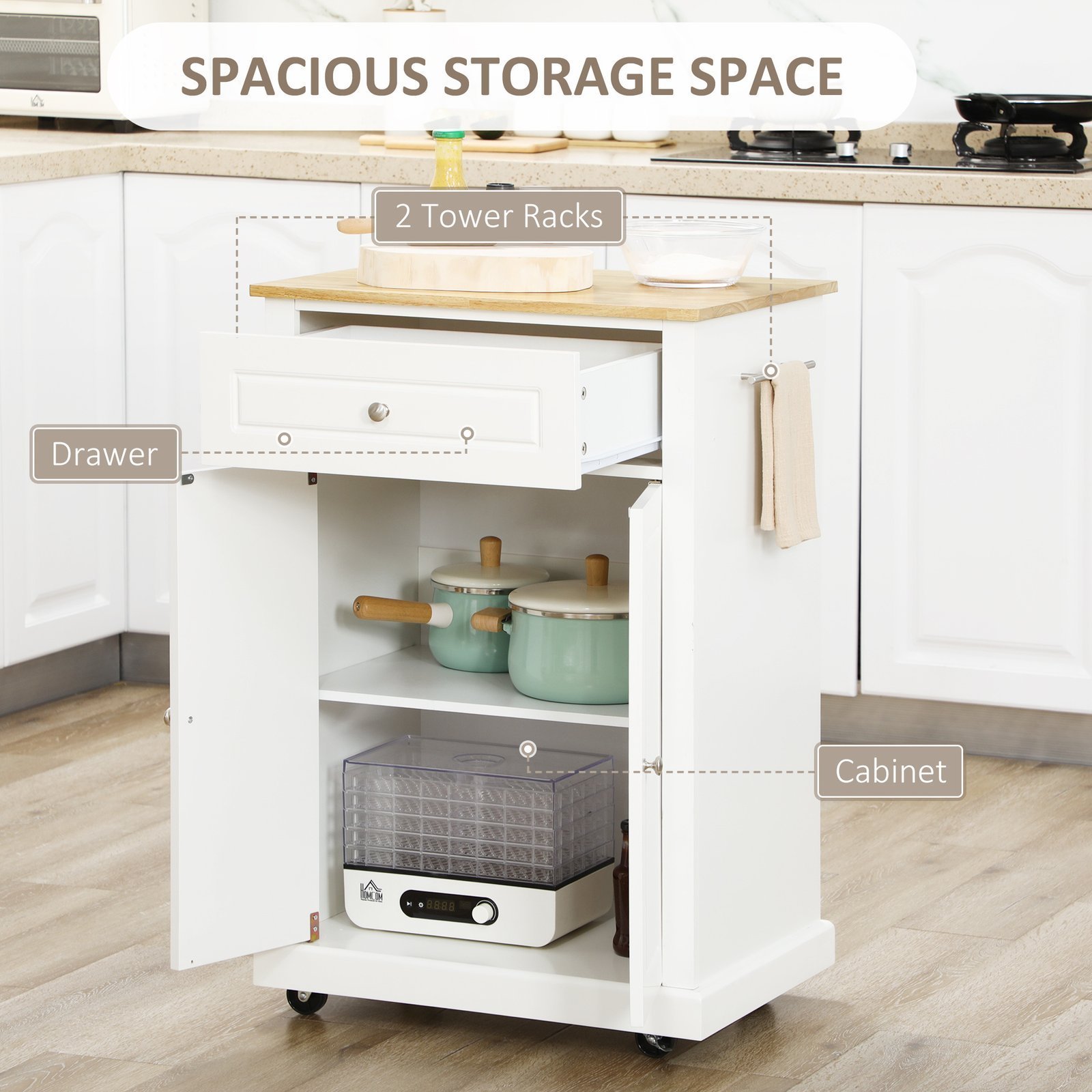 Rolling Kitchen Island Cart, Portable Serving Trolley Table With Drawer, Adjustable Shelf And 2 Towel Racks, Cream White - Image 3