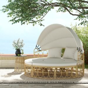 Patio Furniture Set, Round Outdoor Daybed with Retractable Canopy, Hollow Wicker PE Rattan Sectional Sofa with Washable Couch Cushions for Pool, Lawn, Cream White