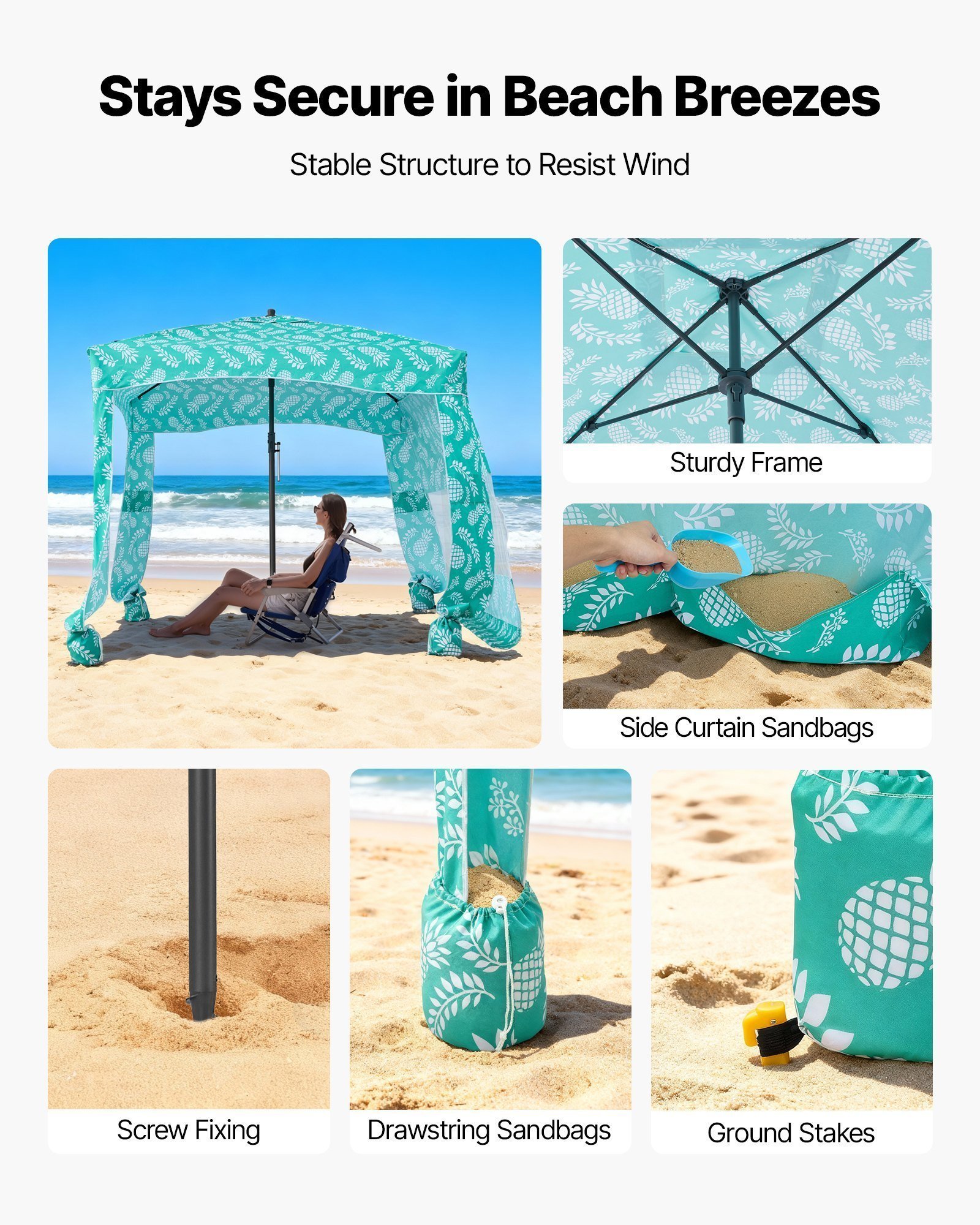 Beach Cabana, 6 X 6 Ft Beach Canopy With Side Wall, UPF 50+ Protection Easy Setup Cabana Tent With Sand Pockets, Large Portable Shade Sun Shelter, Outdoor Umbrella For Whole Family & Friends - Image 5