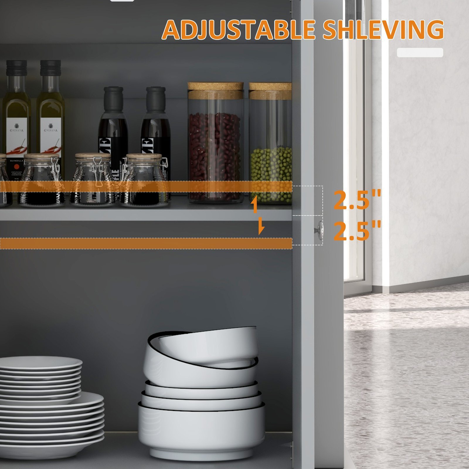 Rolling Kitchen Island Cart, Portable Serving Trolley Table with Drawer, Adjustable Shelf and 2 Towel Racks, Grey - Image 6