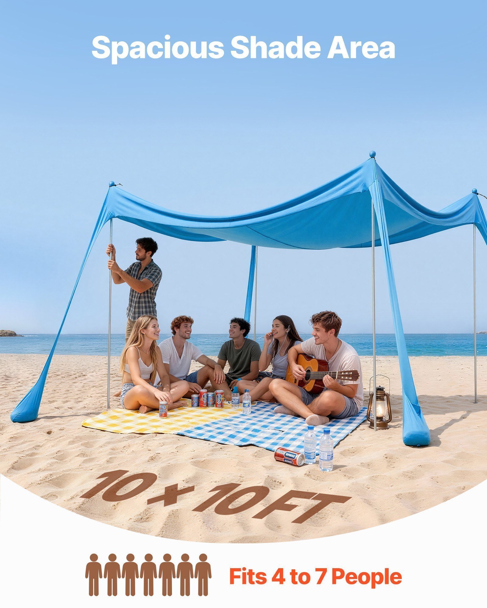 Beach Tent Sun Shelter, UPF50+ Sun Protection, 6.6 Ft Tall, 10x10 Ft, Easy Pop Up Beach Canopy With 4 Sandbags, Stability Poles, Sand Shovels, Portable Shade For Family Outings, Camping, Fishing - Image 2