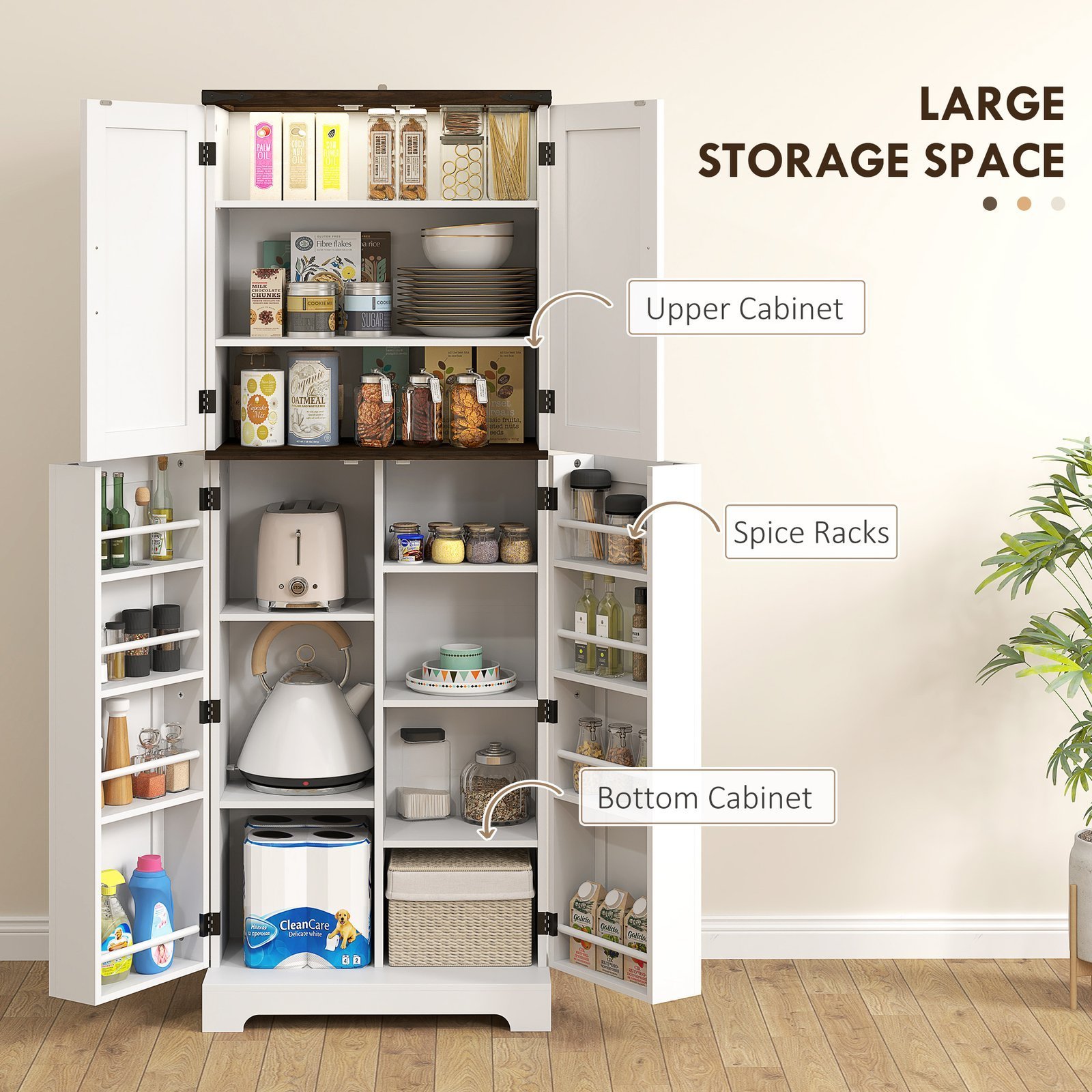 64" Tall Kitchen Pantry Cabinet With Motion Sensor Light, Spice Racks And Adjustable Shelves, White - Image 2