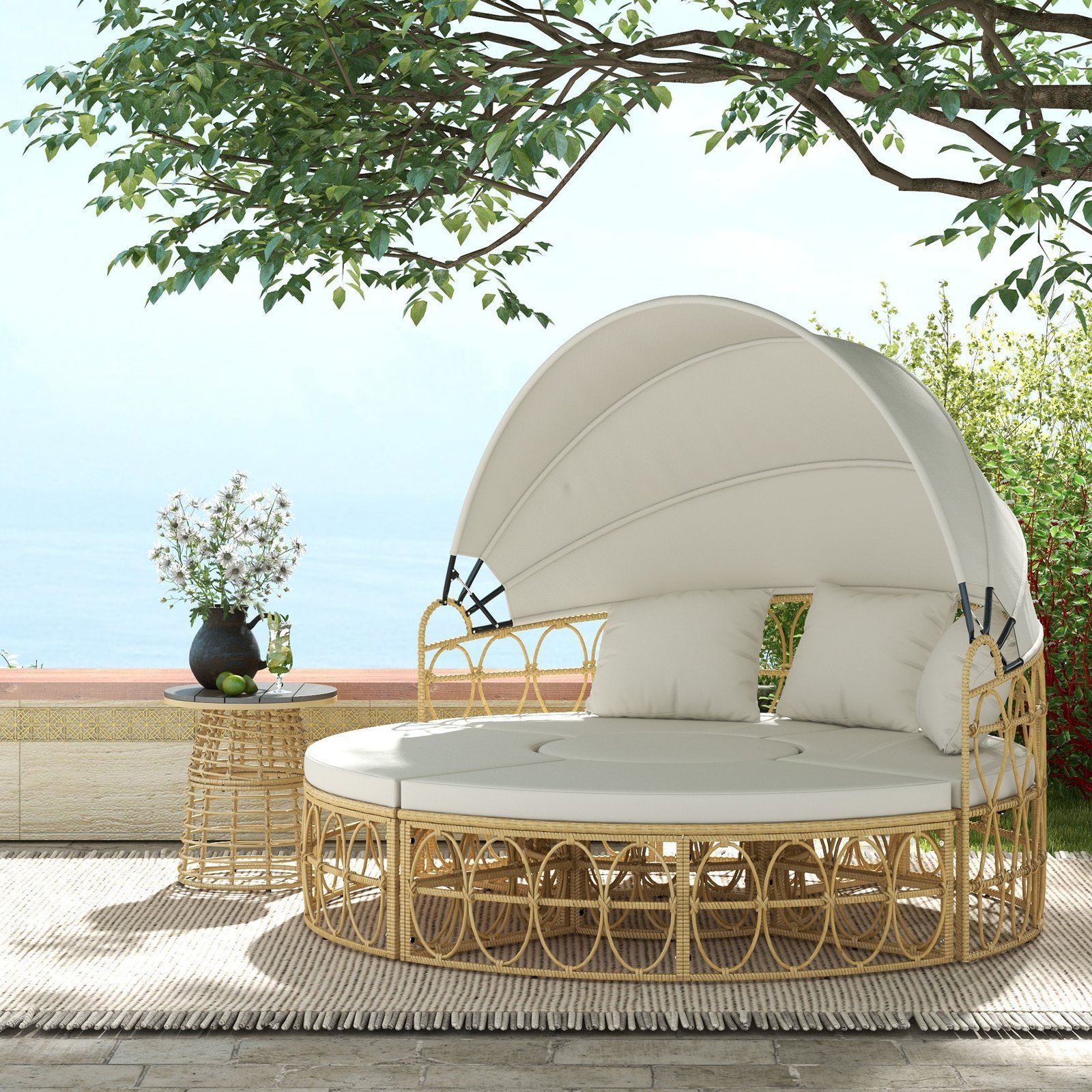 Patio Furniture Set, Round Outdoor Daybed with Retractable Canopy, Hollow Wicker PE Rattan Sectional Sofa with Washable Couch Cushions for Pool, Lawn, Cream White - Image 5
