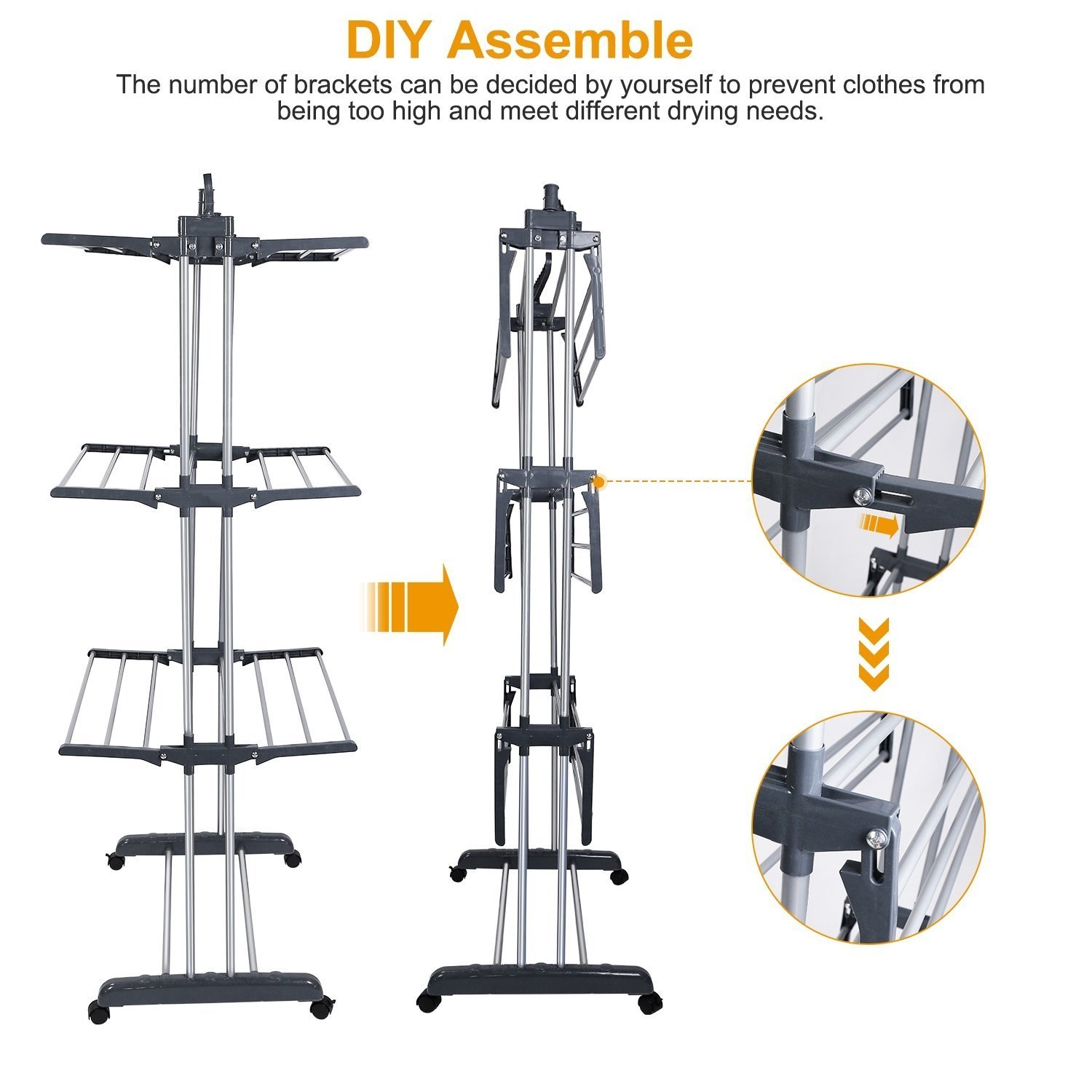 1Pc Clothes Drying Rack Rolling Collapsible Laundry Dryer Hanger Stand Rail Shelve Wardrobe Clothing Drying Racks With Dual Side Wings - Image 7