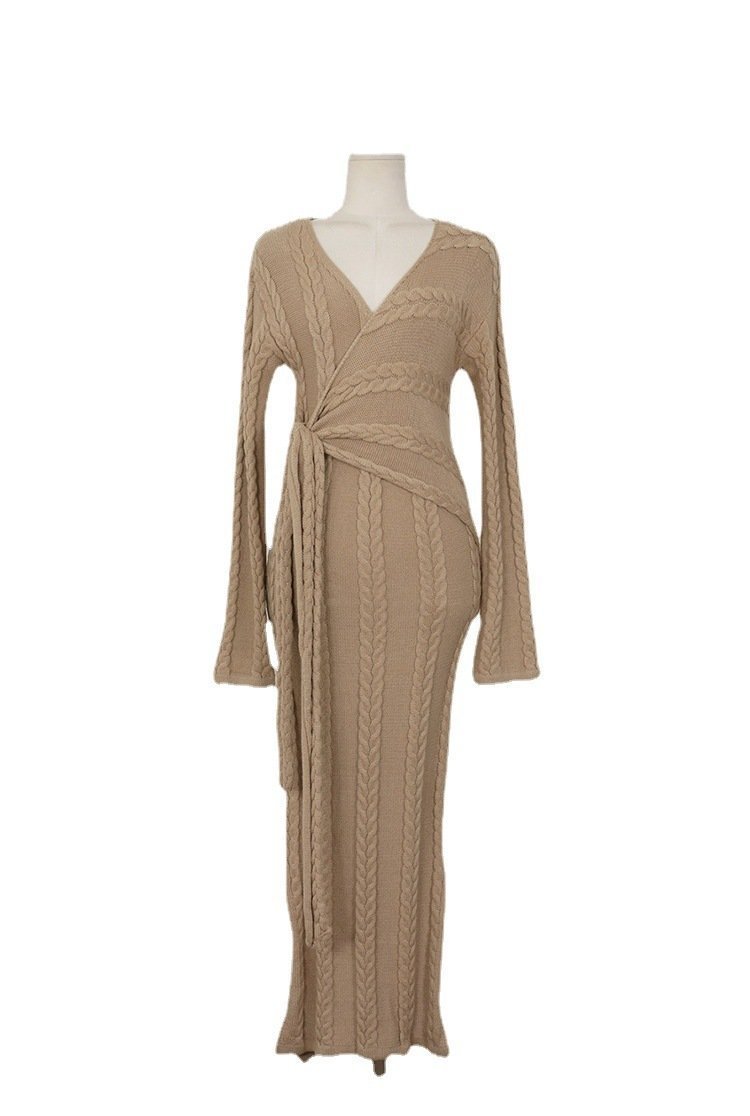 Winter Korean Style Temperament V-neck Design Sense Lace-up Waist Linen