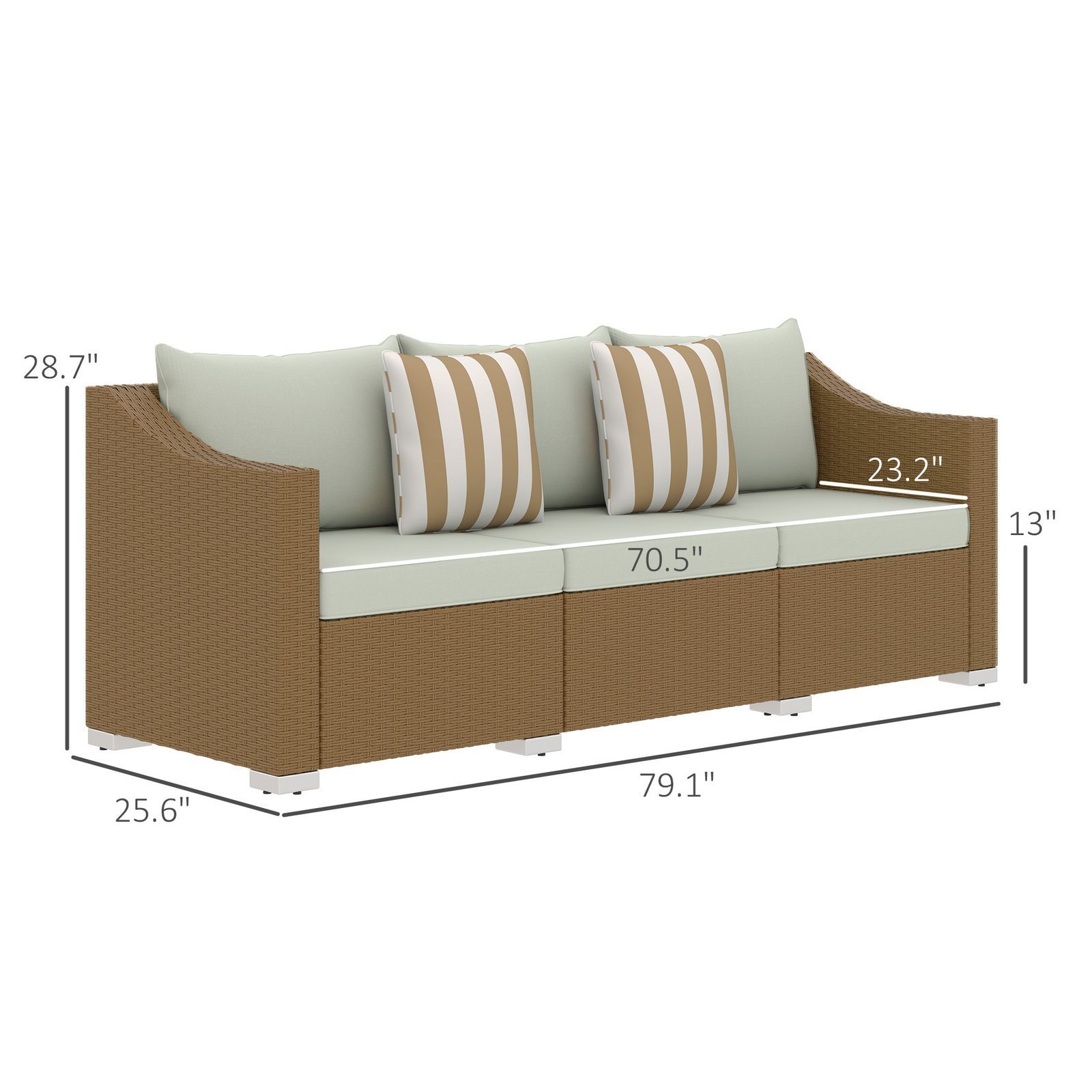 Rattan Wicker 3 Seater Patio Couch With Cushions, 2 Throw Pillows, Outdoor Furniture Rattan Sofa, Light Gray - Image 2