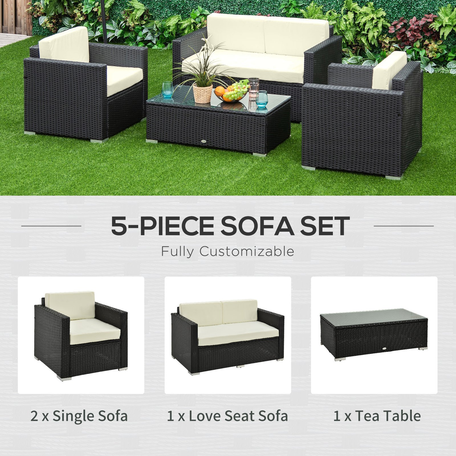 4-Seater Rattan Sofa Set Garden Rattan Furniture Wicker Steel Chair Seat Furniture Patio Rattan Garden Sofa Black - Image 3