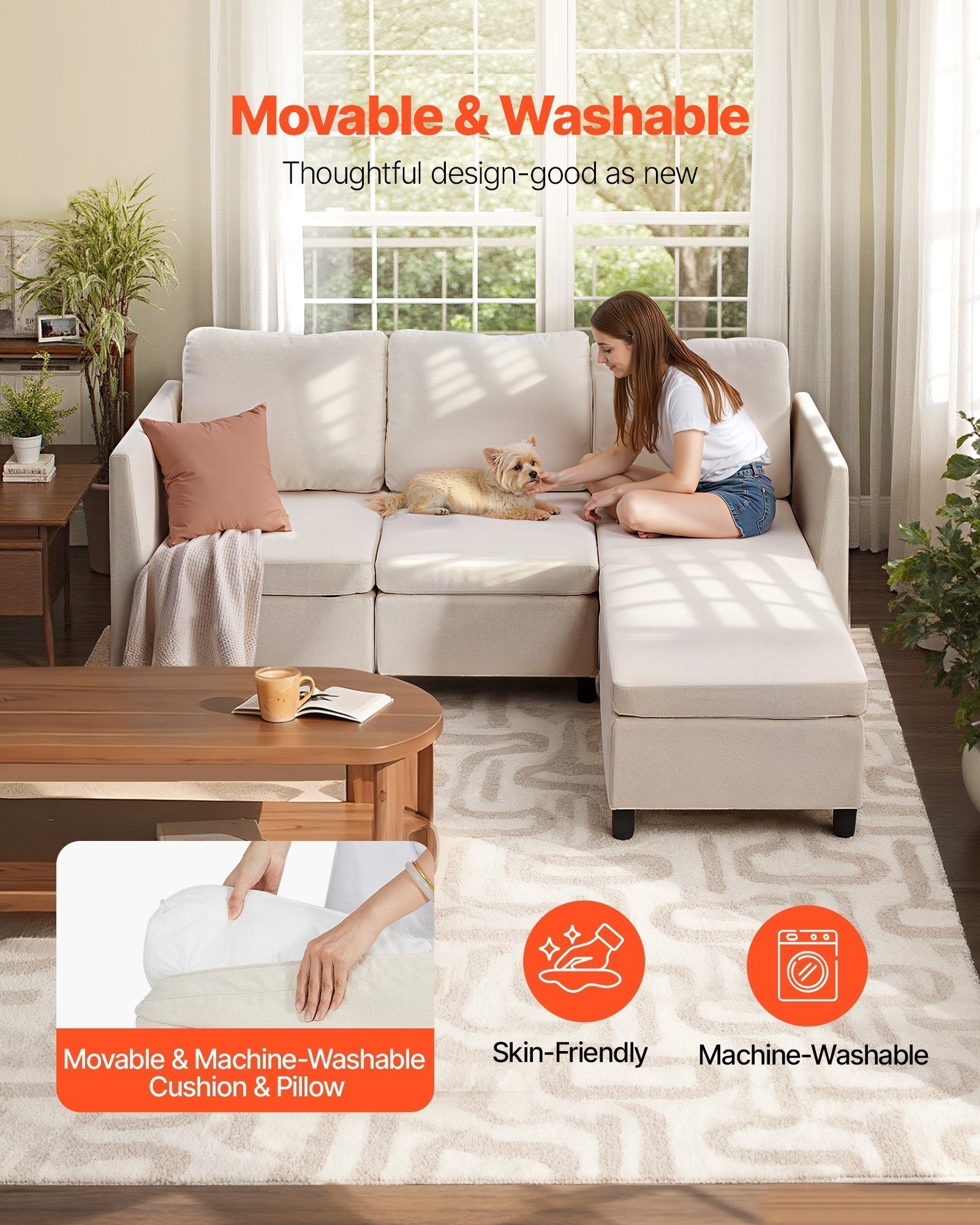 Modular Sectional Sofa, 3-Seater Modular Sofa With Hidden Storage, Cloud Sectional Couch With Ottoman & High Rebound Sponge, Solid Wood Frame Upholstered Couch For Living Room, Bedroom, Beige - Image 3