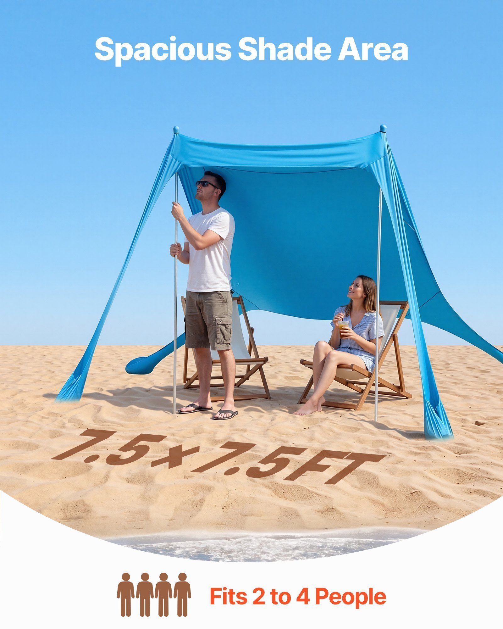 Beach Tent Sun Shelter, UPF50+ Sun Protection, 6.6 Ft Tall, 7.5x7.5 Ft, Easy Pop Up Beach Canopy With Sandbags, Stability Poles, Sand Shovels, Portable Shade For Family Outings, Camping, Fishing - Image 4