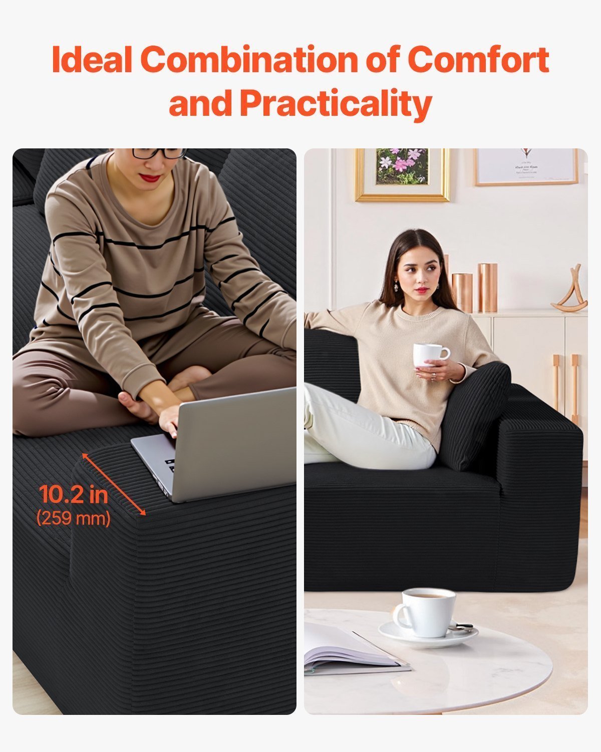 Modular Sectional Sofa, L Shaped Modular Sofa With Chaise, Cloud Sectional Couch With High Rebound Sponge And Density, Upholstered Corduroy Couch With Cushion For Living Room, Bedroom, Black - Image 3