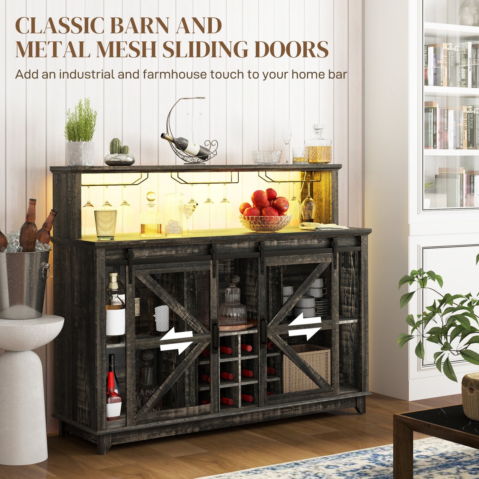 55" Coffee Bar Cabinet with Lights, Farmhouse Wine Cabinet with Wine and Glass Racks for Kitchen, Dining Room, Brown - Image 6